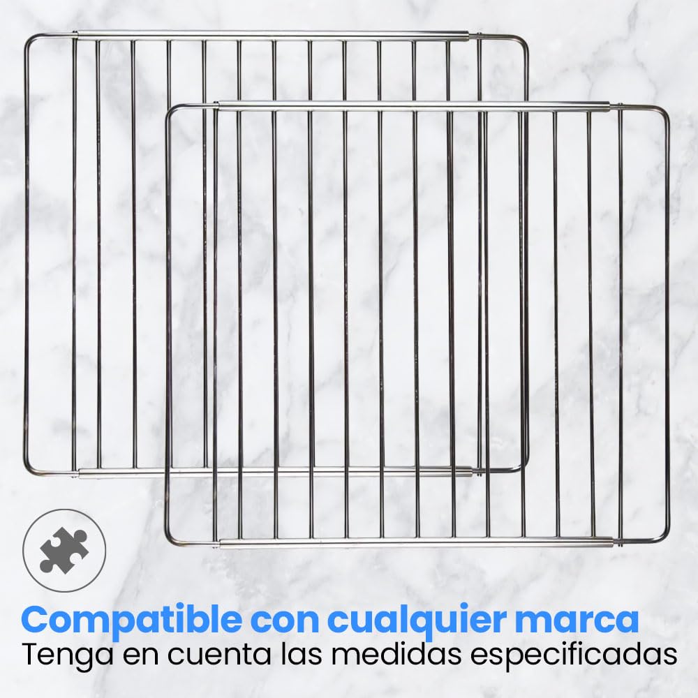 Anakel Home Set de 2 Rejillas de Horno Acero Inoxidable Extensible, Bandeja de Horno Universal | 32 x 37 cm hasta 65 cm, Tornillos Incluidos