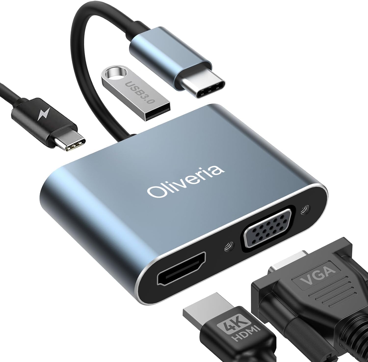 Oliveria Adaptateur multiport USB C 4 en 1 4K @ 30 Hz - HDMI VGA Thunderbolt 3, PD 100 W - Port USB 3.0 pour MacBook/MacBook Pro/Air, Chromebook, Dell, HDTV, Galaxy