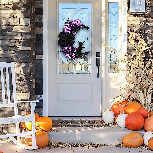14" Half Moon Halloween Wreath with Black Cat & Rose for Porch Front Door - image 6