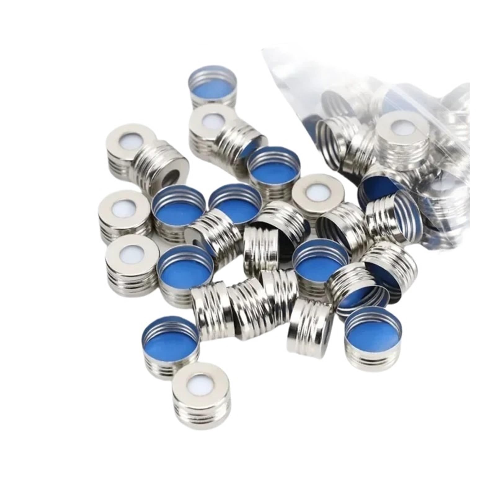 equipo de laboratorio Tapón de rosca, espacio de cabeza, acero, tapa magnética, septos de PTFE/silicona (parte superior blanca, parte inferior azul) 18 mm, 100/paquete. Tamaño de la tapa: 18 mm
