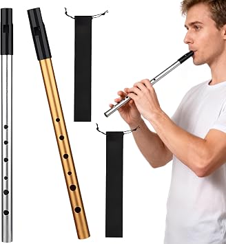 2 Pcs Tin Whistle Set, Penny Whistles 6-Hole Aluminum Wind Instrument D & C Key Tin for Beginners Celtic Folk Music Practice Performances (Gold Silver)