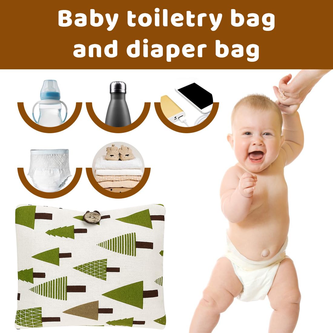 Bolsa de pañales organizador y neceser de cosméticos, 2 en 1, bolsa de pañales pequeña, organizador para bebés (Leaves)