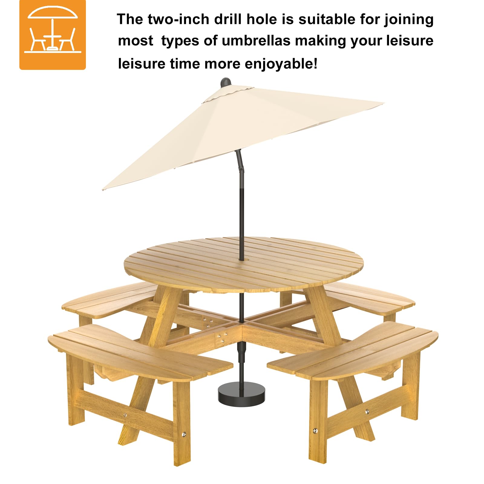 RITSU 8 Person Wooden Picnic Benches, Outdoor Round Table with Umbrella Hold Design for Patio, Backyard, Garden, Adults and Kids, 1720lb Capacity, Natural