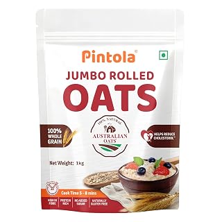 Pintola Oats 1kg, Rolled Oats, Diet Food, Weight Management, Natural Whole Grain, High in Fibre & Protein, Jumbo Rolled, Breakfast Cereals, Gluten Free Oatmeal, Dalia Porridge