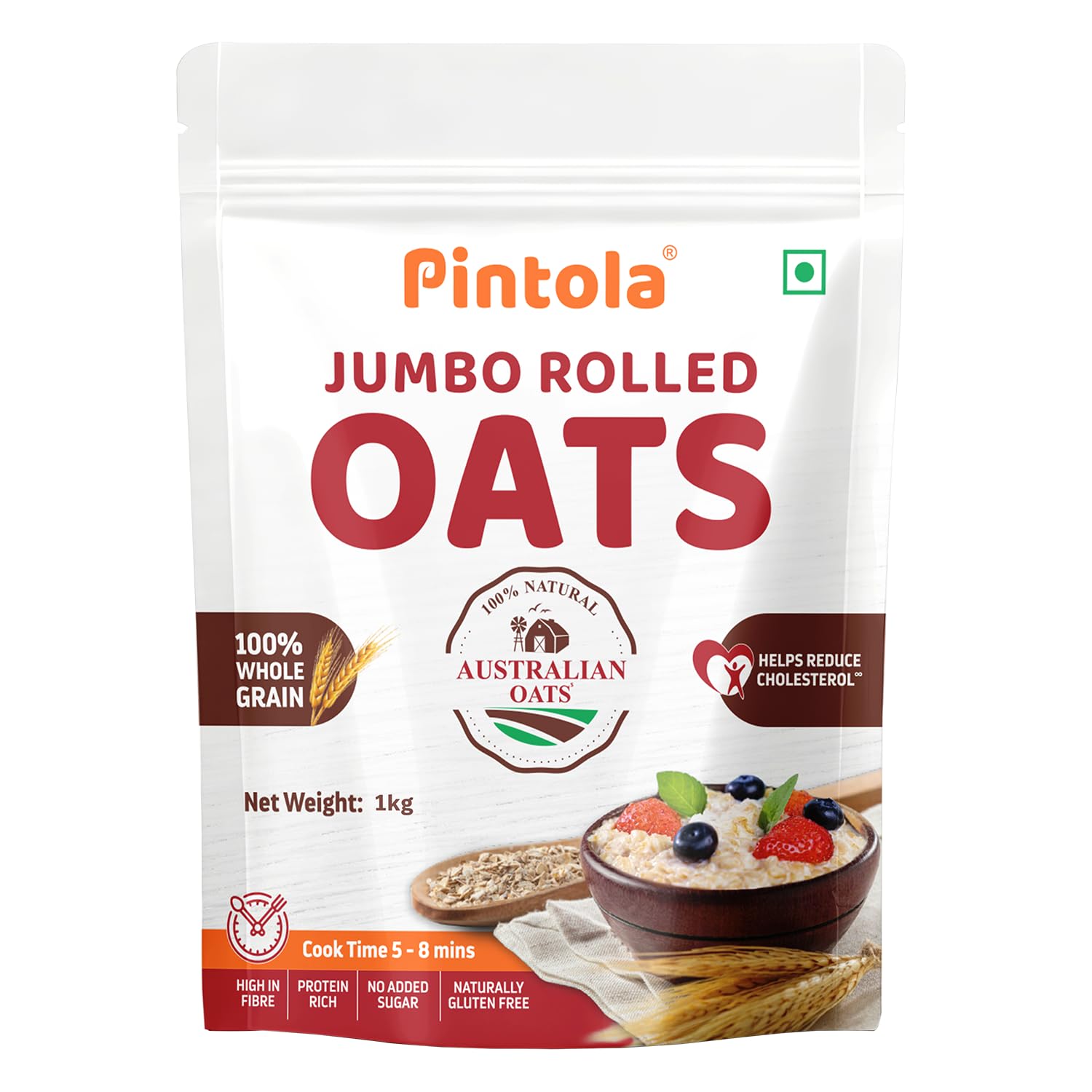 Oats 1kg, Rolled Oats, Diet Food, Weight Management, Natural Whole Grain, High in Fibre & Protein, Jumbo Rolled, Breakfast Cereals, Gluten Free Oatmeal, Dalia Porridge