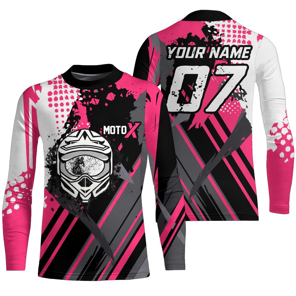 Personalized Pink MX Racing Jersey UPF30+ Extreme Kid&Adult Motocross Biker Girl Motorcycle Shirt Long Sleeves XM06 (Kid Jersey)