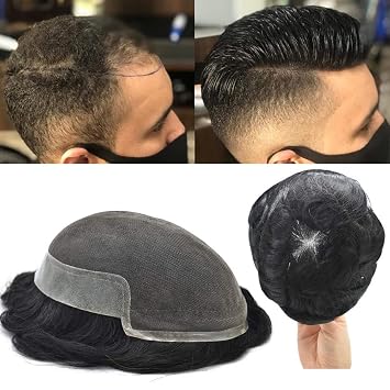 LYRICAL HAIR Toupee for Men Super Thin French Lace Front Hair System Bleached Knots Transparent Lace Hair Replacement PU Poly Skin Natural Hairline Wig Hairpiece for Men 7"X9", #1 Jet Black-100% Light to Medium Light Density