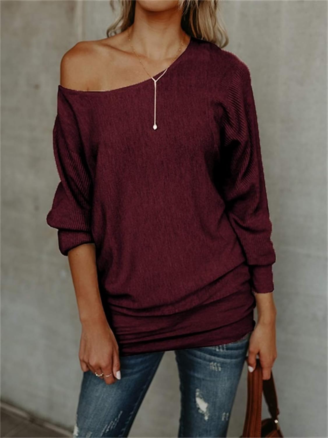 UMEKO Womens Off The Shoulder Sweater Oversized Knit Long Sleeve Sweaters Tunic Tops - Image 2