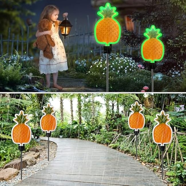 ANGMLN Solar Pineapple Neon Light - 2 Metal Garden Stake Lights 42 inch Path Lighting for Garden Yard Lawn Patio Walkway Decor