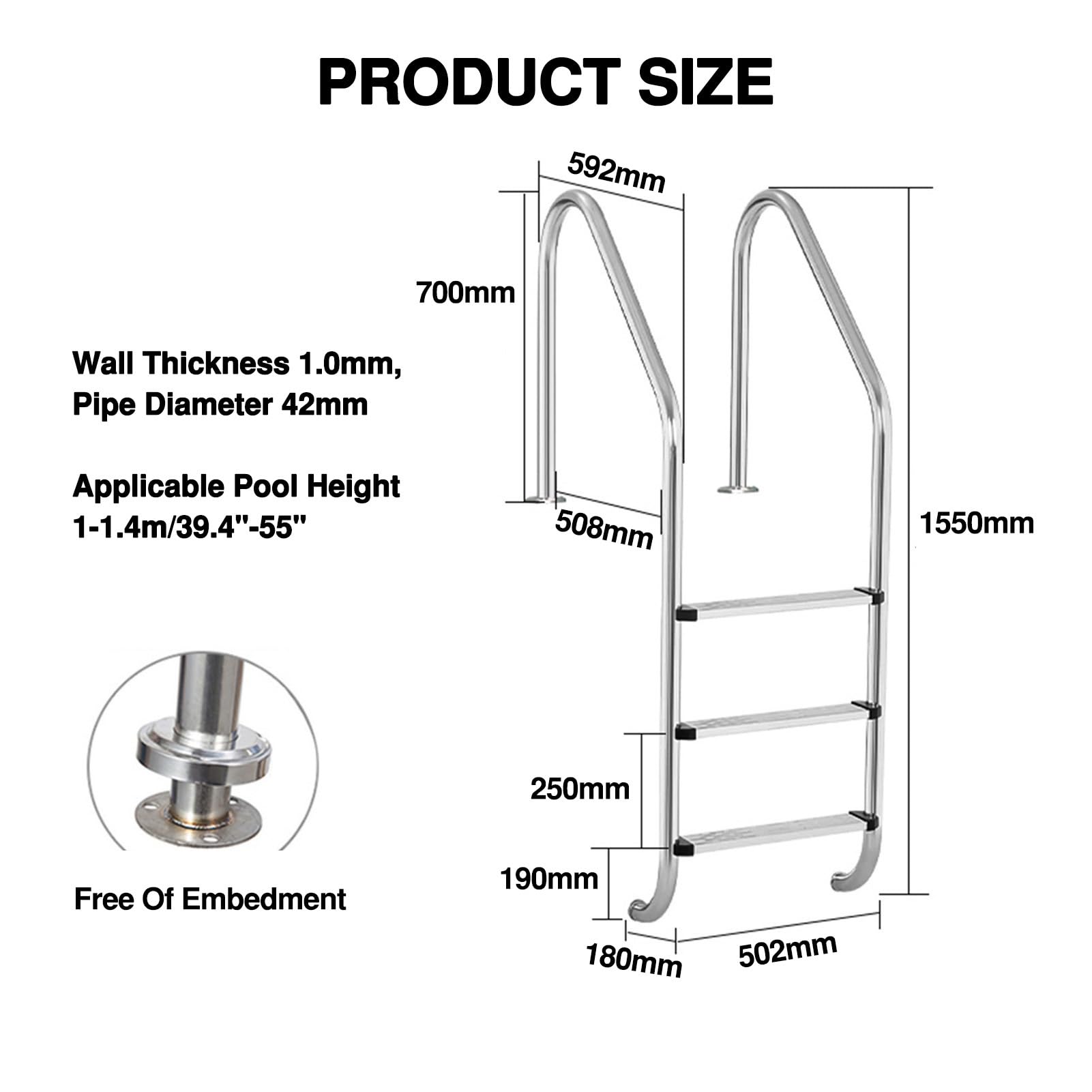 Scale mobili per Piscine, gradini in Acciaio Inox, Facili da installare, Adatte a Piscine, stabilimenti balneari e parchi Acquatici (3 gradini)