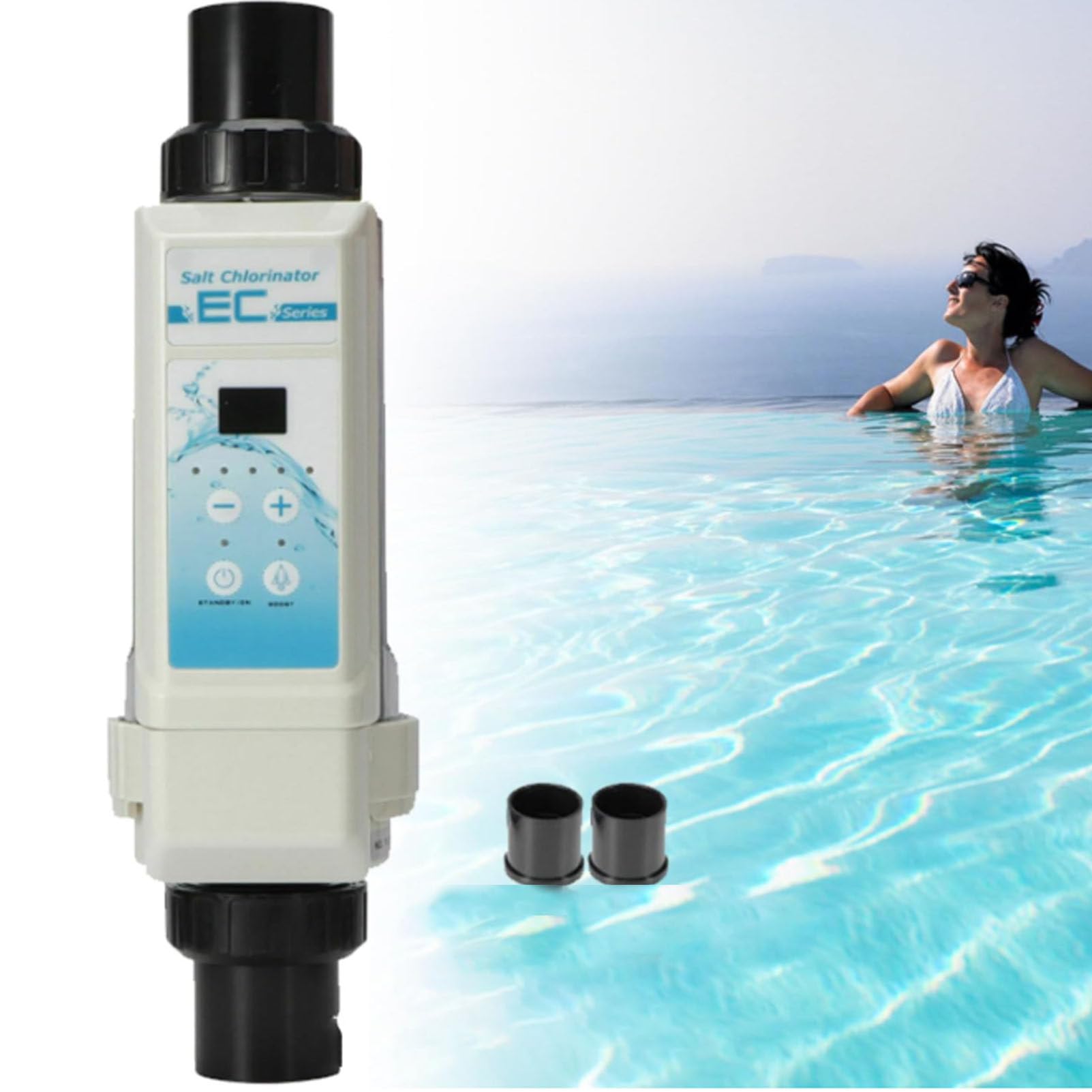 Generador electrolítico de cloro salino para piscinas, dispositivo de cloro autolimpiante, apto para piscinas de hasta 100 m³