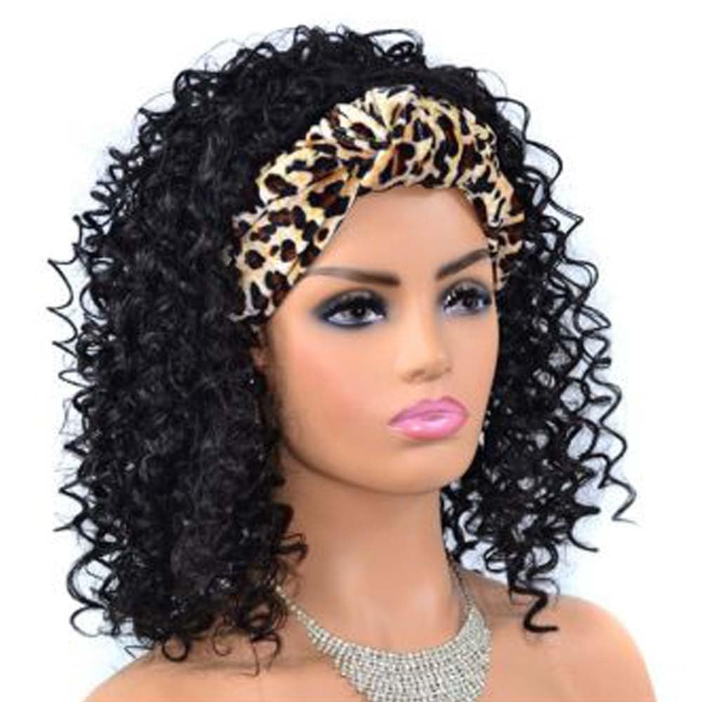 Headband Wigs for Black Women Synthetic Short Afro Kinky Curly Wigs Dark Brown Wig with Bangs Wrap Wigs Afro Curly Headband Wig