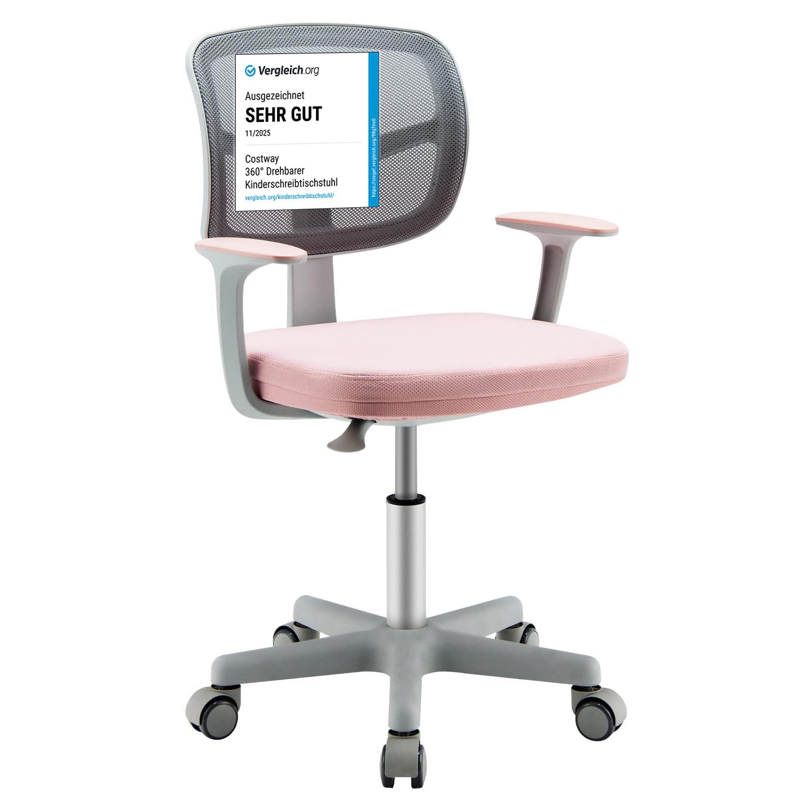 COSTWAY Sedia per Scrivania per Bambini, Sedia per Computer con Altezza Regolabile, Ruote, Sedile Girevole a Rete, Mobile Ergonomica per Bambini 3-10 Anni 3-10 Anni (Rosa)
