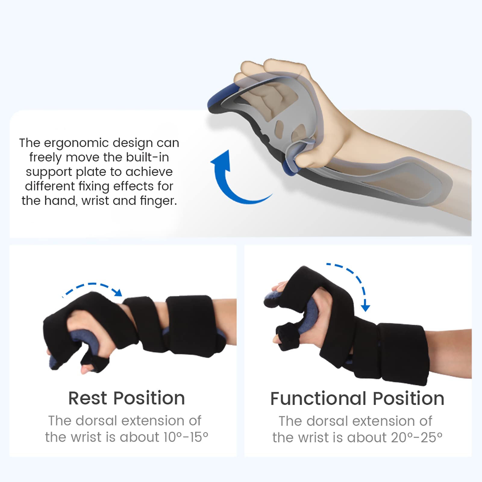 Soporte de Mano en Reposo, férula de Mano para accidente cerebrovascular, Placa de Soporte de Aluminio, separación de Dedos, Correa de Esponja de Doble Capa, para Artritis, tendinitis, síndr