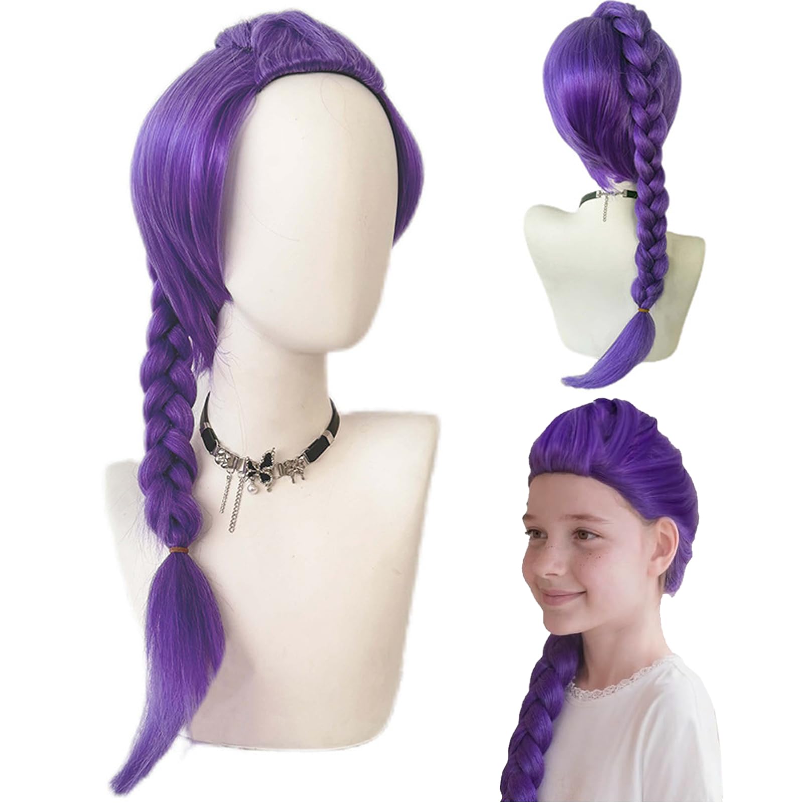 Perruque Violet Cosplay pour Enfants, Parrucca Lunga con Treccia Viola e Coda di Cavallo, per Capelli da Cantante Pop, Halloween, Cosplay, Feste Di Carnevale, per Gli Appassionati di Kpop