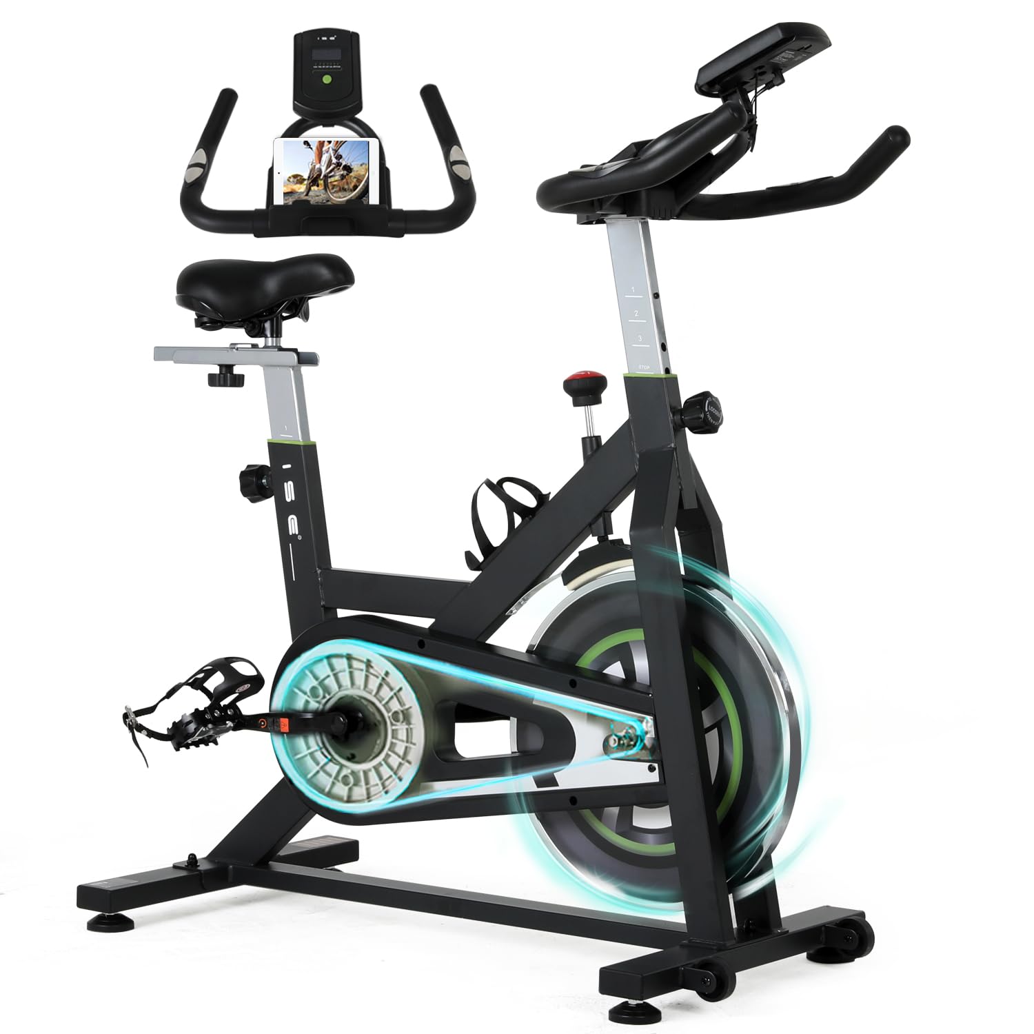 ISE Cyclette Da Casa con Resistenza Regolabile, Cyclette Per Casa con Sensore di Impulso, Porta Celullare, Ruote di Trasporto, Ciclette Per Casa, Cyclette Professionale Sedile e maniglia regolabil