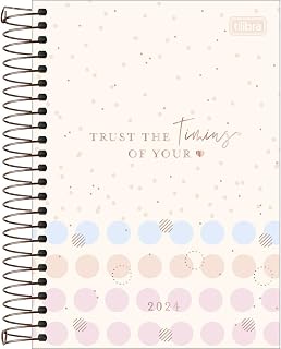 Tilibra - Agenda Espiral Diária 14 x 20 cm Soho 2024 - Bolinhas Azuis, Rosa e Laranja- Trust The Timing Of Your Heart