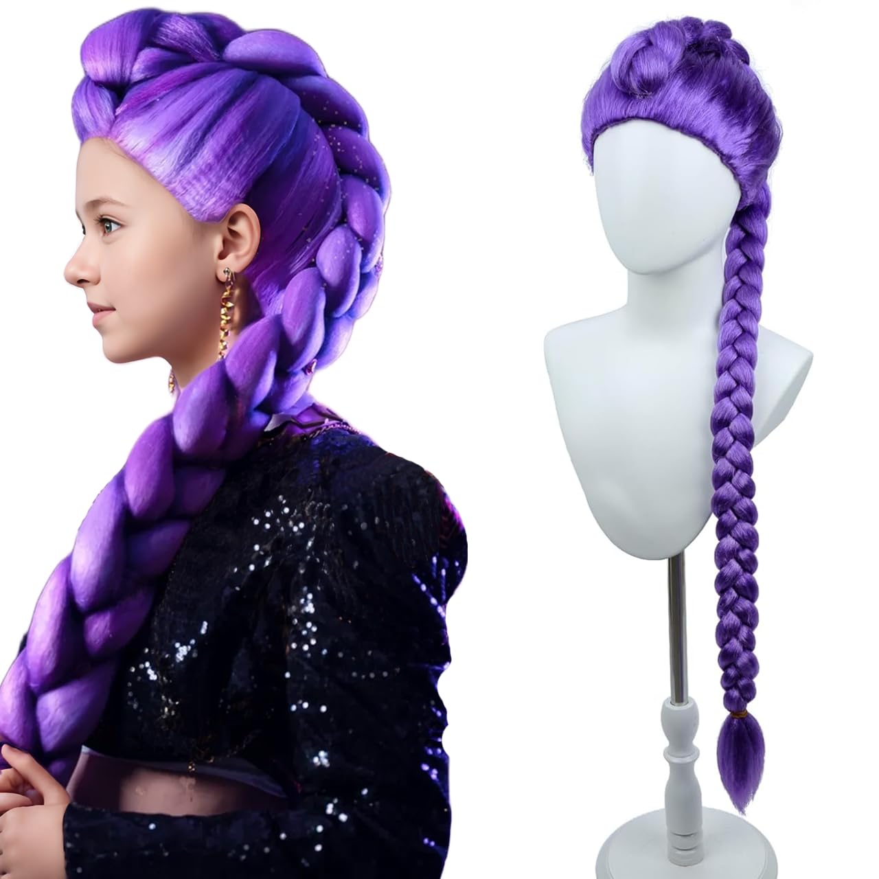 MAGQOO Calf-Length Purple Braid Wig Girls Super Long Purple Braids Wig Movie Halloween Cosplay Costume Purple-LM