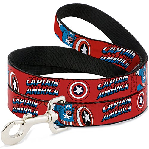 Buckle-Down Pet Leash - Captain America w/Shield/Text Repeat Red - 4 Feet Long - 1' Wide