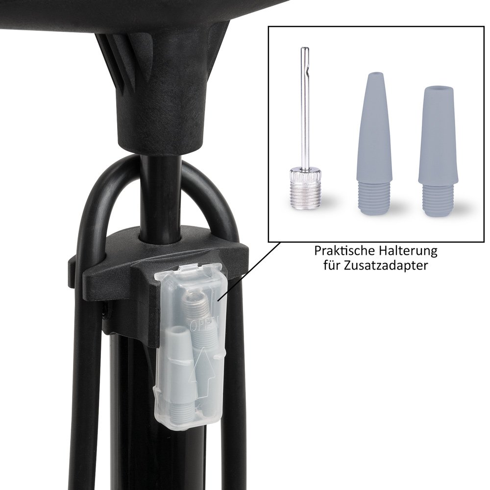 monzana Stand pompa aria con manometer| 7 – 12 Bar | Nero/Argento | extra lungo 60 – 100 cm tubo | incluso adattatore Set professionale | pompa aria bicicletta pneumatici auto auto aria materasso [Modello scelta]