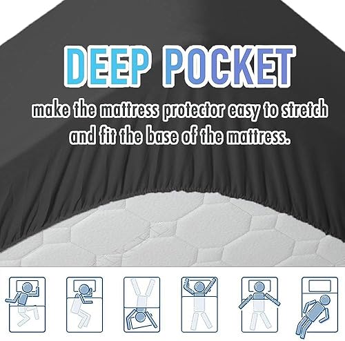 Miniatura 4 de Cubrecolchón acolchado tamaño Queen, transpirable, esponjoso, suave, se estira hasta 21 pulgadas de profundidad, tamaño Queen, negro, protector de