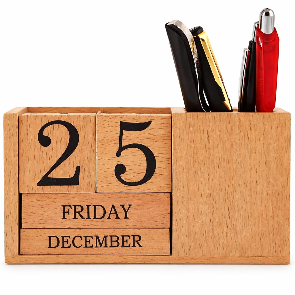 Frescorr - Calendar Block - Wooden Perpetual Desk Calendar - Home and Office Decor, 6.5 x 2.0 x 3.5 inches (Steam Beach)