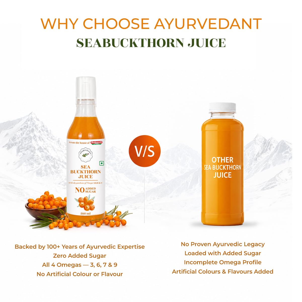 Baidyanath Ayurvedant Himalayan Sea Buckthorn Juice | 99.8% Pulp | Cold-Pressed | 500 ml | Natural Source of Vitamin C, Omega 3, 6, 7 & 9 | Supports Immunity, Skin & Gut Health 2