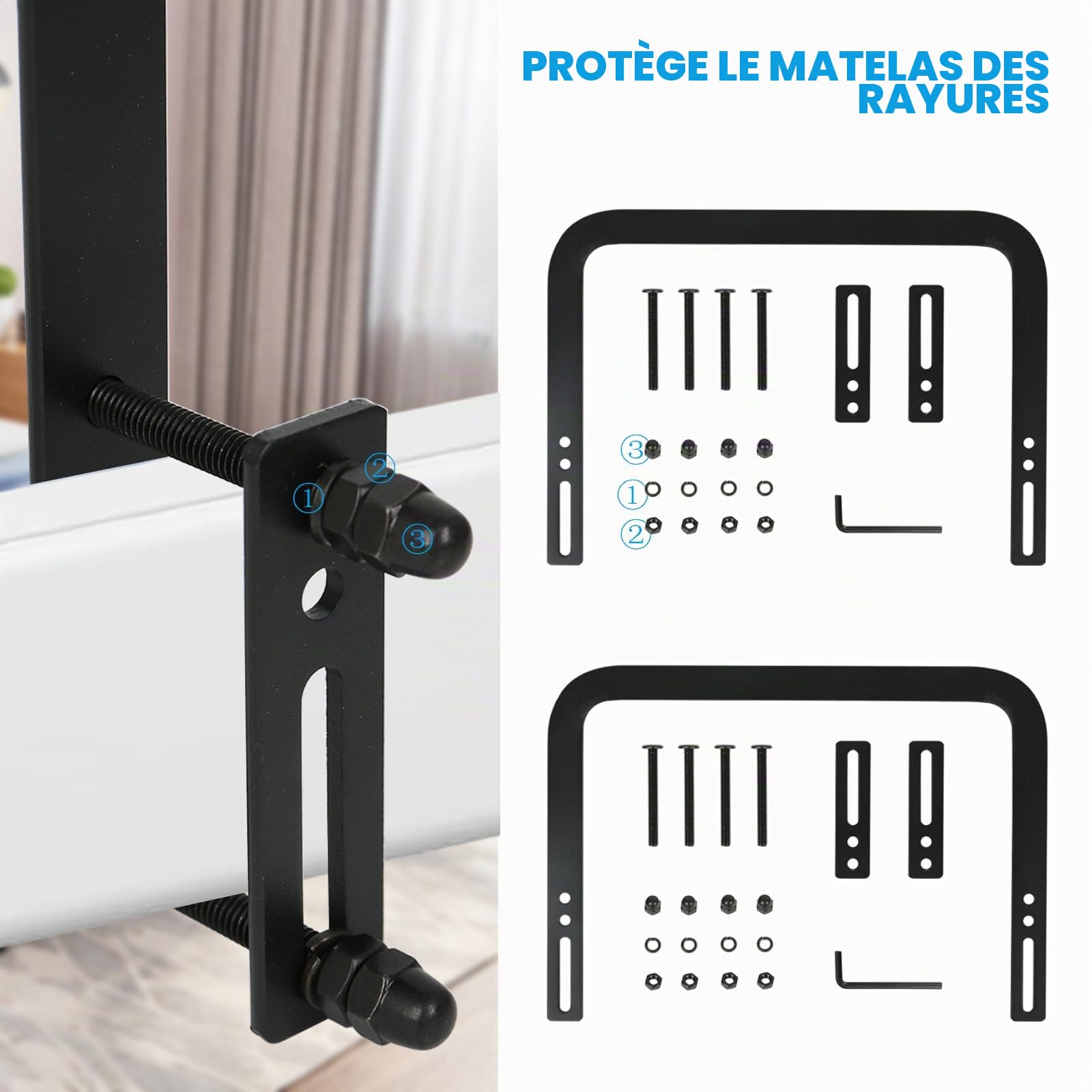 Lot de 2/4 supports de matelas, arrêts de matelas antidérapants, pour empêcher la barre d'appui de matelas, facile à installer pour cadre de lit (2, noir)