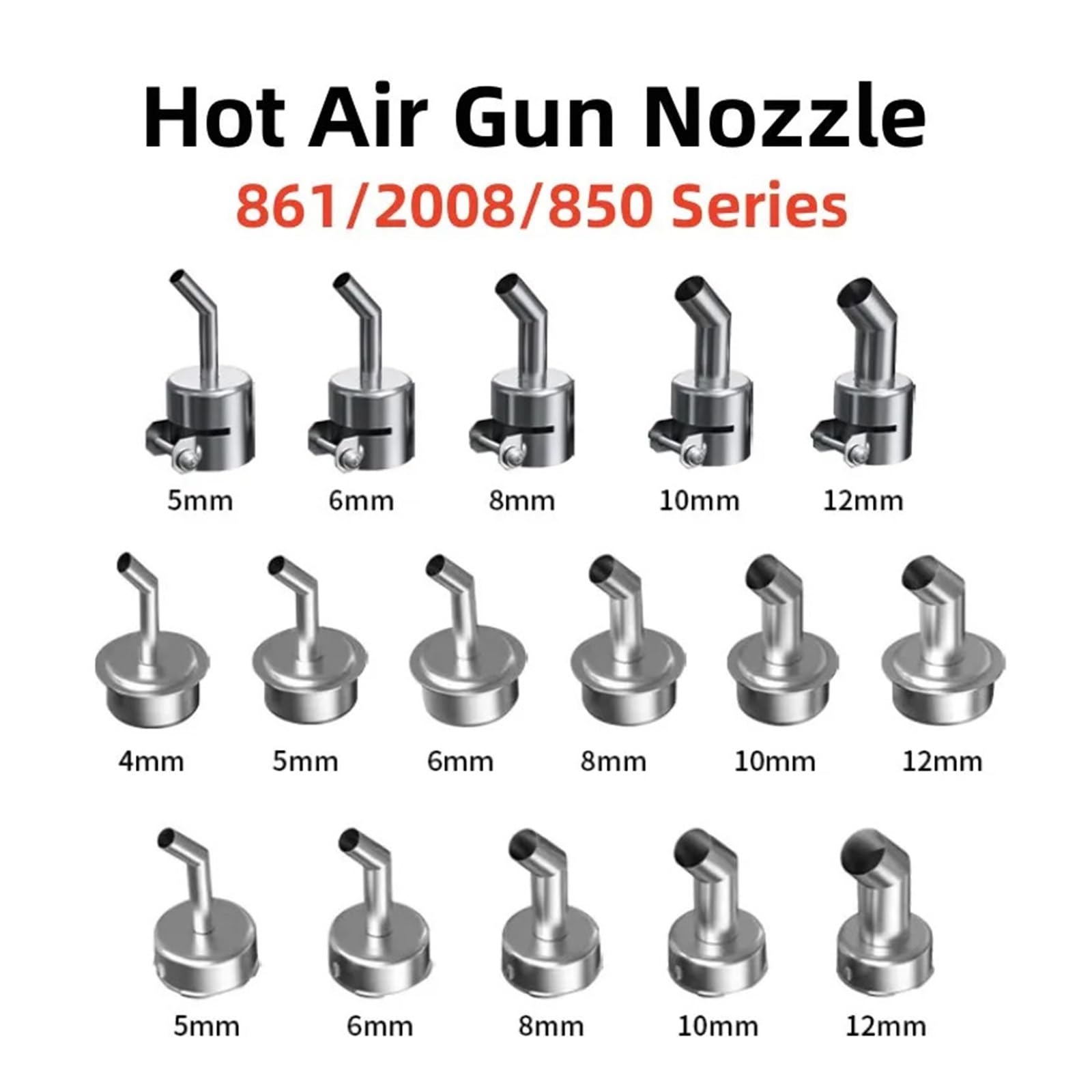 Boquilla de pistola de aire caliente serie 861/850/2008 para Quick Sugon 4 mm/5 mm/6 mm/8 mm/10 mm/12 mm, kit de calor doblado accesorios de retrabajo (boquilla 861-10 mm)