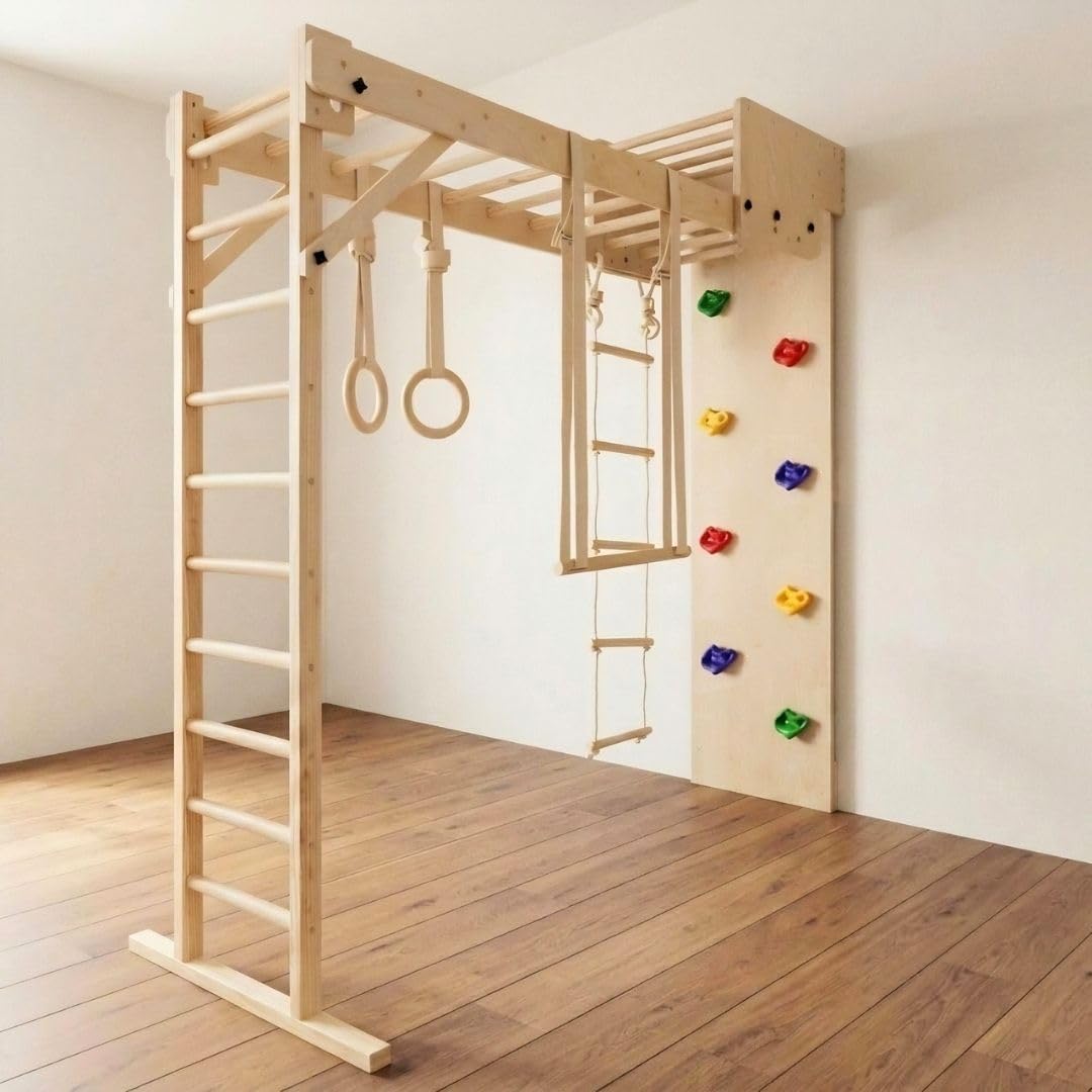 Curious Cub Foldable Jungle Gym for Kids Indoor | Contain Rock Climbing for Kids At Home, Gymnastic Rings, Wooden & Wobble Ladder, Monkey & Trapeze Bar for Kid to Play Indoor Fun Activity for Ages 2+-image-25