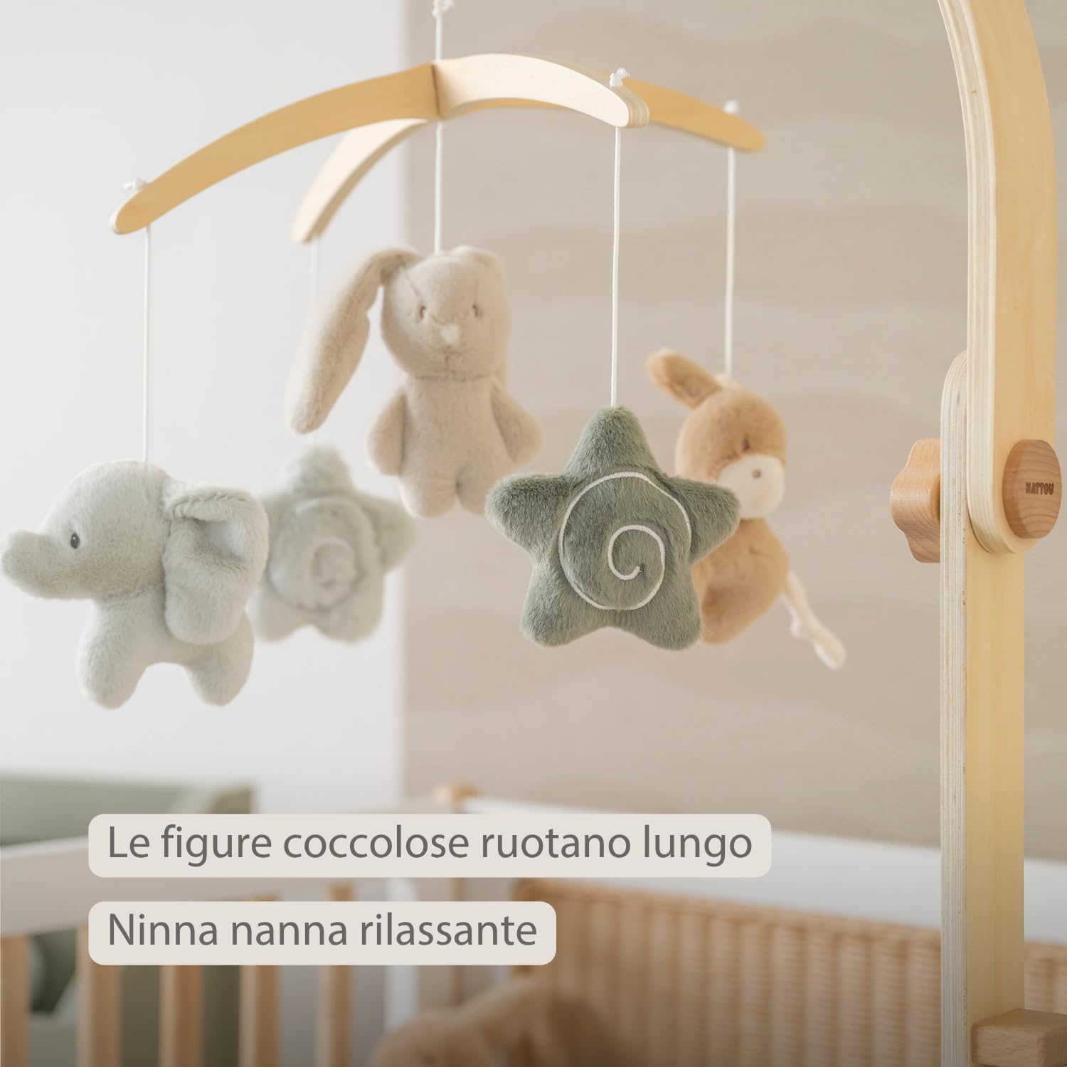 Nattou Loulou Giostrina Musicale in Legno per Bambini, Giostrina Culla Neonato, Regalo per Neonati, Regalo Nascita, 50 x 40 x 74 cm, Colori Delicati, Verde, Beige, Ecru