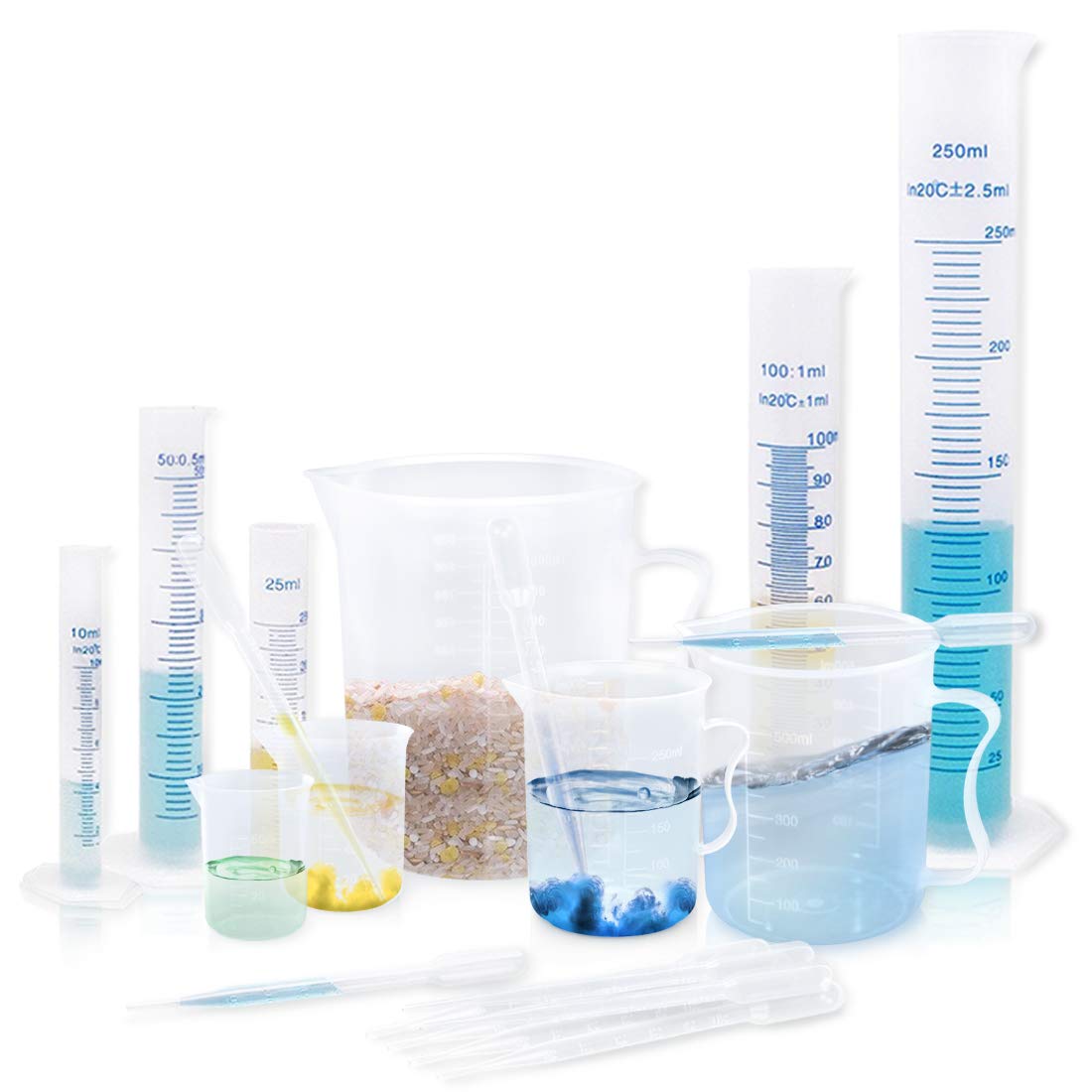 Kalevel 20pcs Plastic Graduated Cylinder Measuring Cups Pitcher Beakers 100ml 250ml 1000ml with Transfer Pipettes 3ml for Science Kitchen
