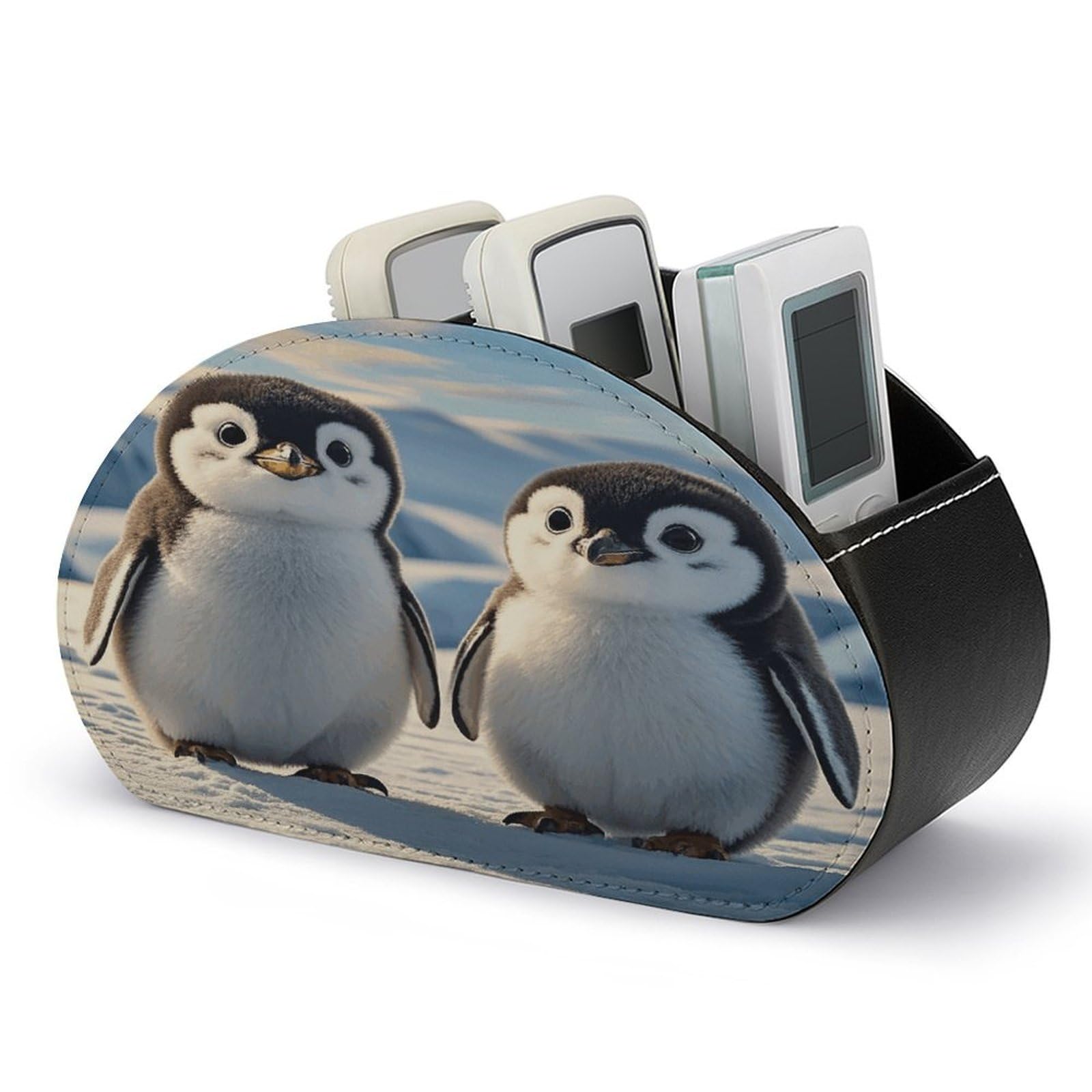 FekiLoot Cute Penguins TV Remote Control Holder with 5 Compartments Multi-functional Leather Bedside Table Remote Caddy Desktop Storage Box for Store Pen Controller Media Player Cosmetic