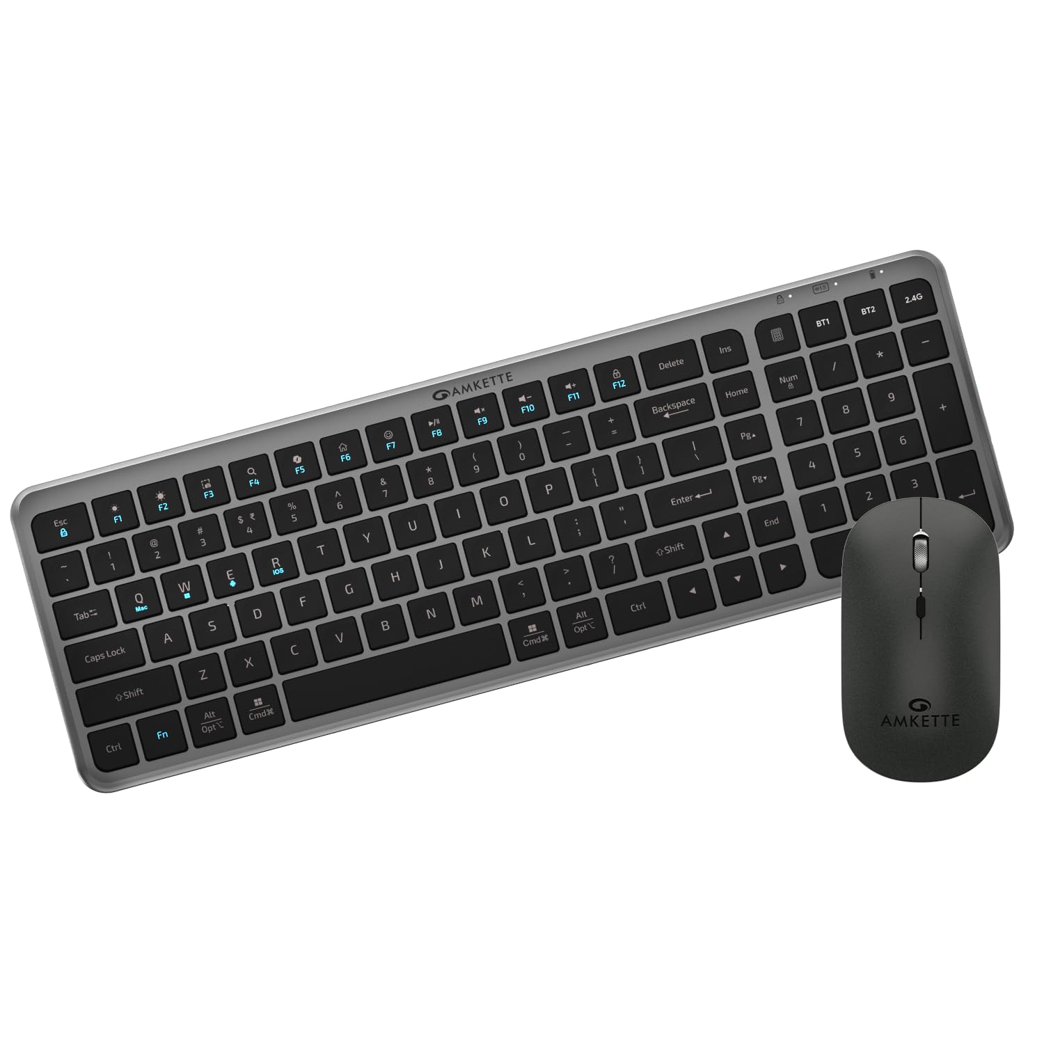 Amkette Wi-Key Max Multi Device Rechargeable Wireless Keyboard Mouse Combo | One Click Device Switching and AI Access for MacOS, Windows, Android & iOS | Scissor Keys, Dual OS Layout | 3200 DPI (Grey)