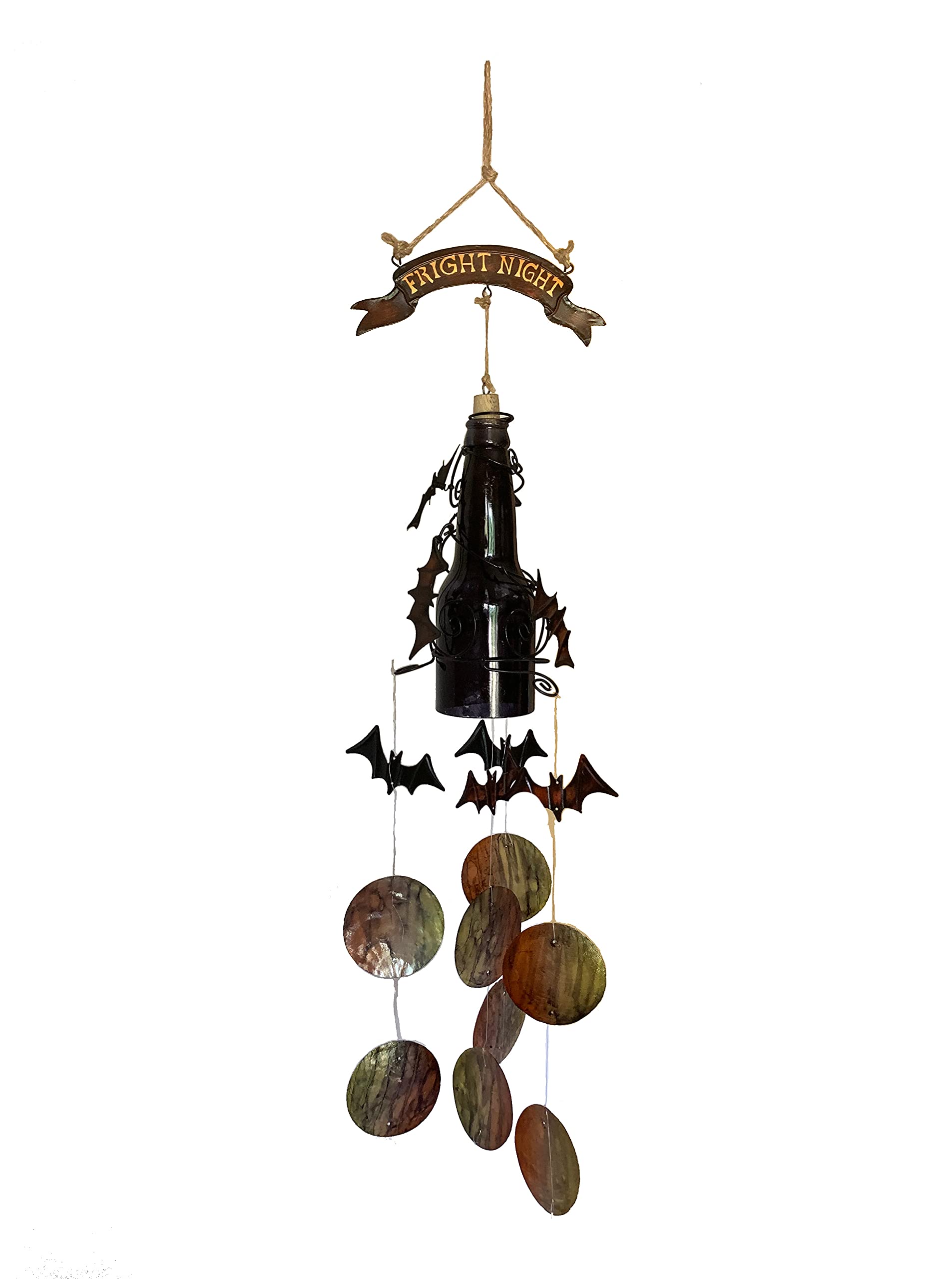 Handcrafted Sustainable Whimsical Haunted Night Bat Hanging Chime Upcycled Bottle Handmade Ecofriendly Philippine Capiz Filipino Jute Rope Accent Indoor Gothic Décor Outdoor Halloween Ornament 24”