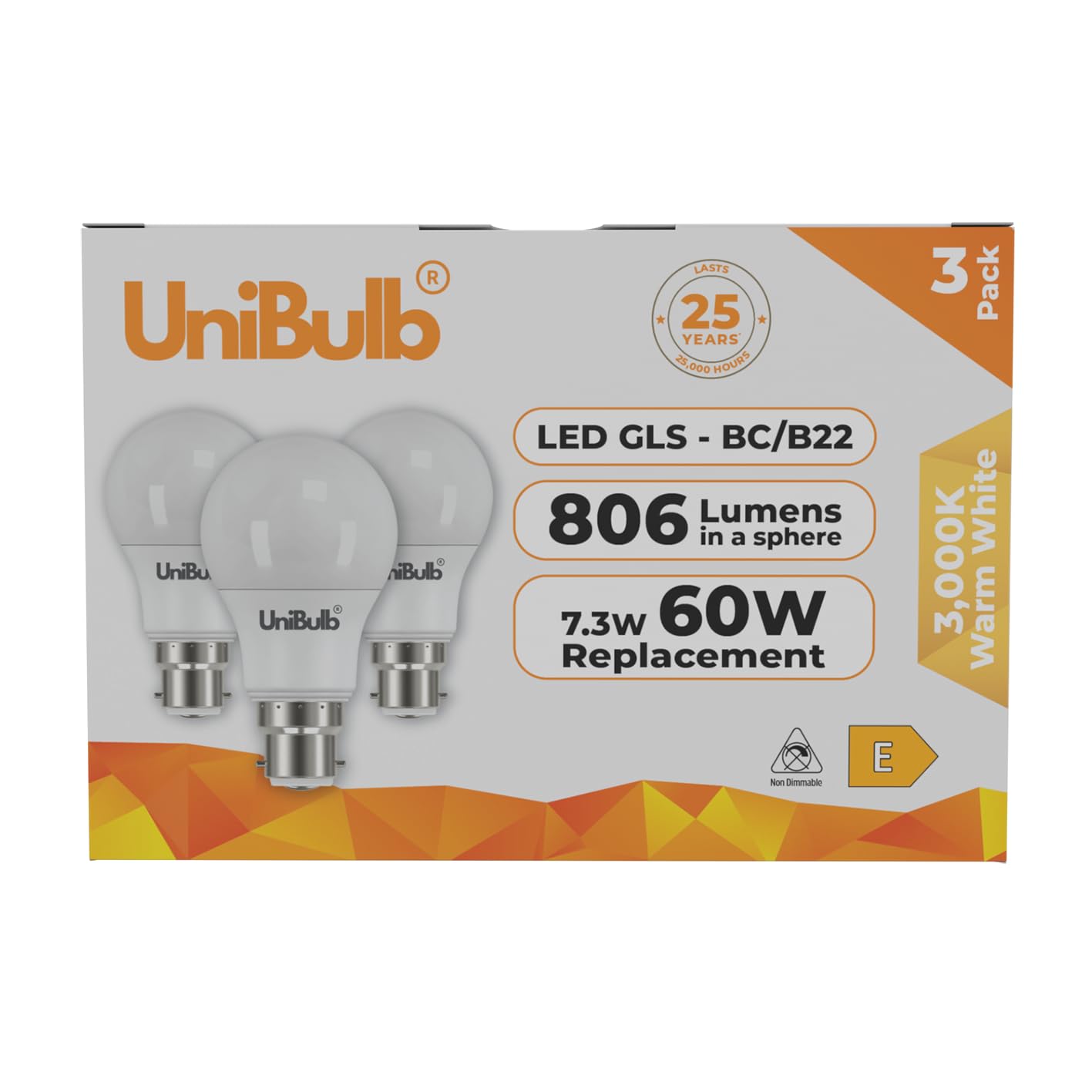 BC / B22 / Bayonet GLS 7.3W Energy Efficient LED Light Bulb, 806 Lumens, 3000K Warm White, 60W Equivalent, 25,000hr Life, Non-Dimmable, Pack of 3