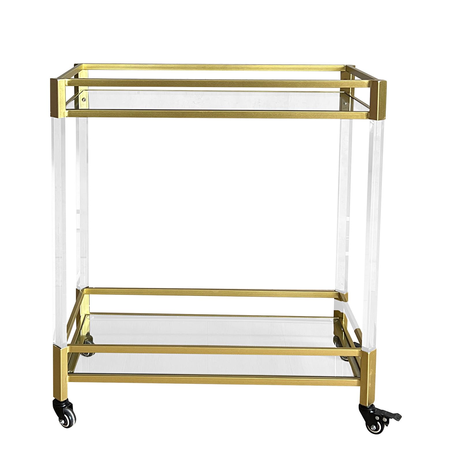 Muiity Gold Bar Cart, 2-Tier Serving Carts with Wheels, Rolling Cart with Glass Shelves and Acrylic Legs, Wine Coffee Cart for Home, Kitchen, Outdoor, Dining Room
