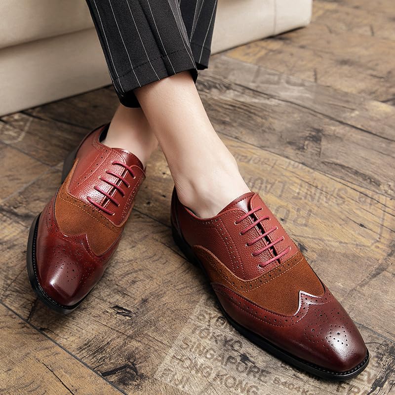 Image of Santimon Men's Classic Modern Formal Oxford Wingtip Lace Up Dress Shoes, Two-Tone Perforated Brogues Uniform Casual Oxford Dress Shoes