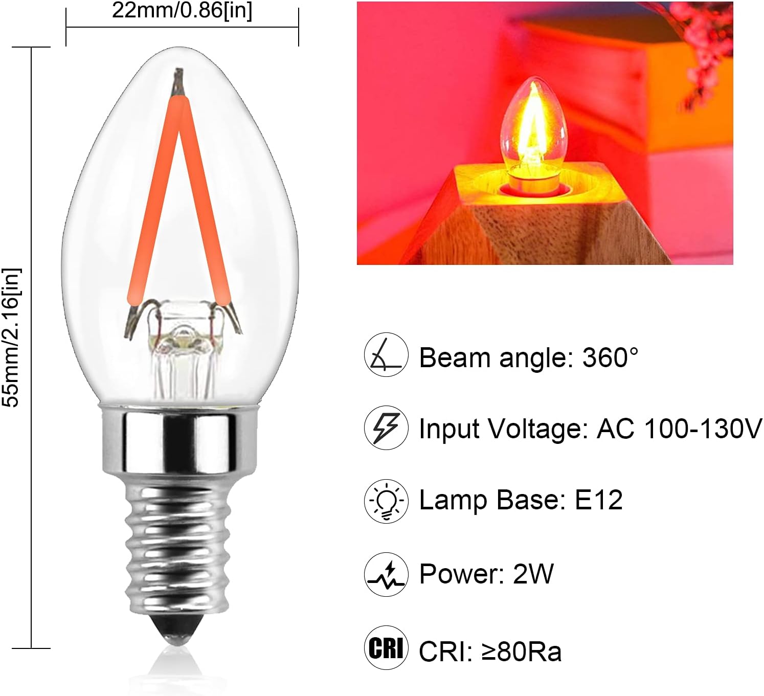 Lustaled C7 Red LED Bulb, Red Candelabra Light Bulbs Mini E12 Candle Base, 2W C7 Night Lights 20W Incandescent Equivalent for Holiday Christmas Home Chandeliers Decorative Lighting (Red, 4-Pack)