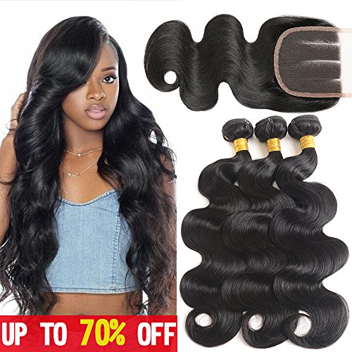 Mermaid 8A Brazilian Virgin Hair Body Wave 3 Bundles With Closure Unprocessed Human Hair Weave With Three Part Lace Closure Natural Color (12 14 16+10 Three Part)