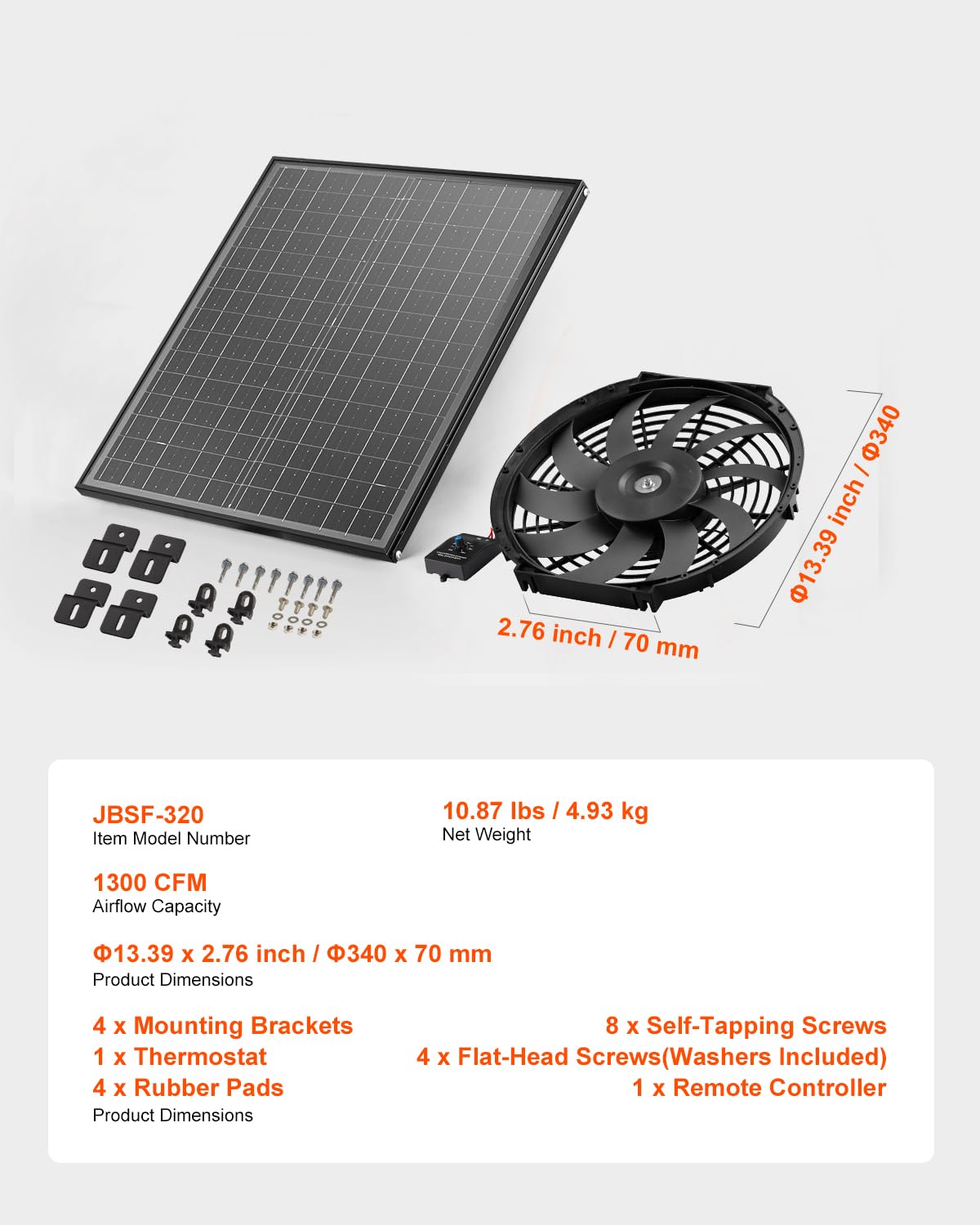 VEVOR Ventilateur d'Extraction Solaire de Grenier, 340x70 mm, Extracteur d'air de Grenier avec Thermostat Réglable, Maille Extérieure, Capacité Flux d'air 1300 CFM, pour Pignon, Toit, Garage, Atelier