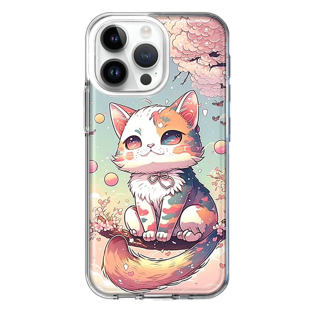 MUNDAZE Case for Apple iPhone 15 Pro Slim Hybrid Shockproof Hard Shell Soft TPU Heavy Duty Protective Phone Cover - Kawaii Manga Pink Cherry Blossom Cute Cat