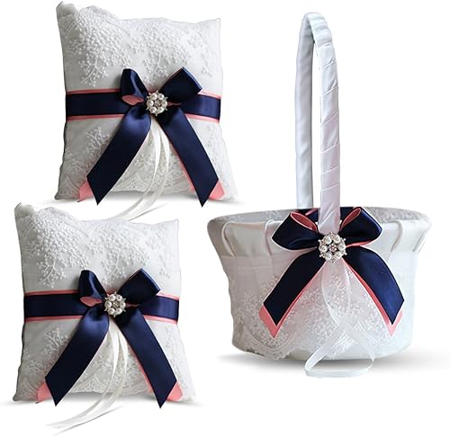 Miniatura 9 de Juego de almohada y cesta de anillo de marfil Colección de encaje niña de flores y cesta de bienvenida para invitados, cestas de boda hechas a