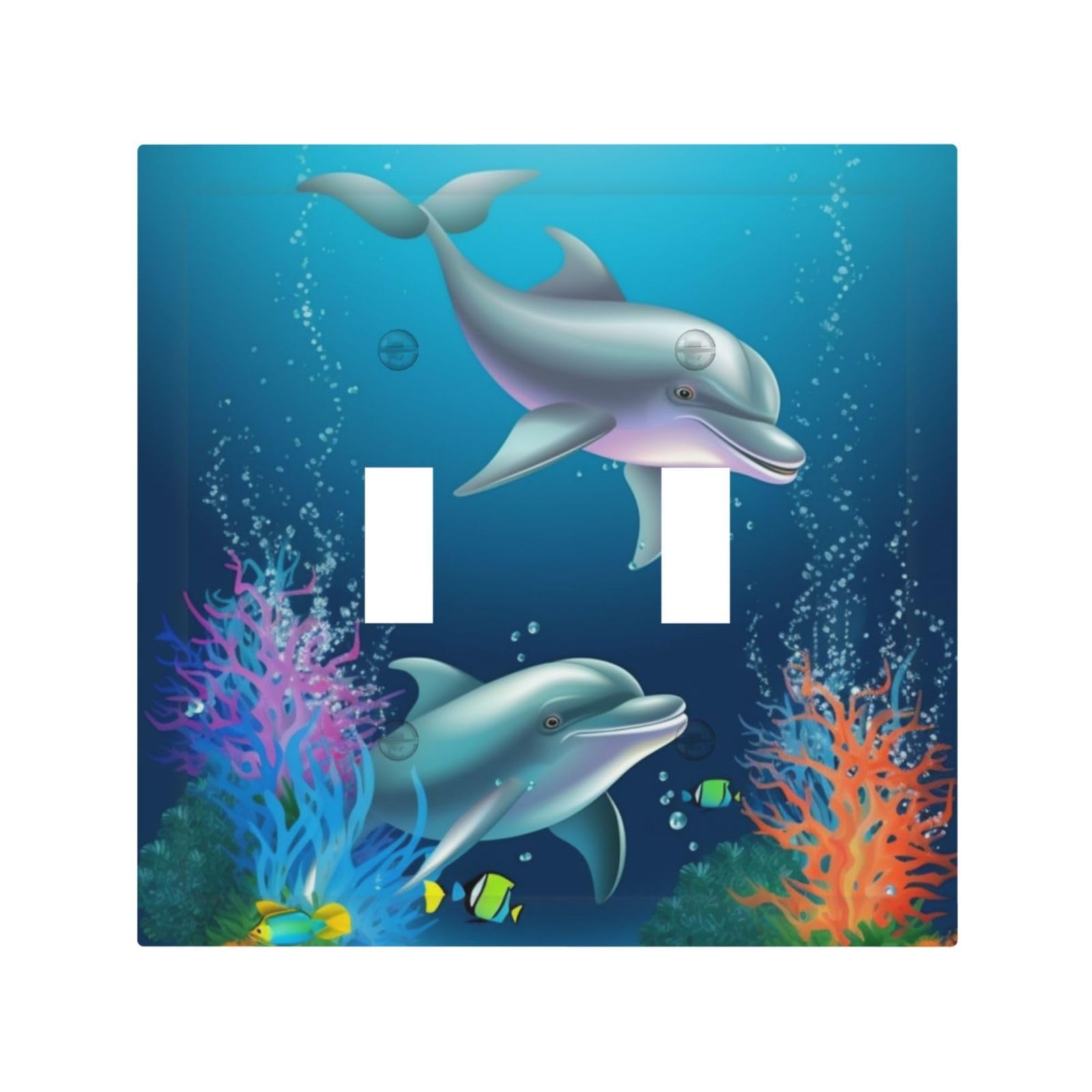 Decorator Double Toggle Light Switch Covers Dolphin and fish Wall Plate 2-Gang Mid Size 5" x 4.9" Double Toggle Switch Wallplate Decorative 2 Gang Wall Switch Plate Covers