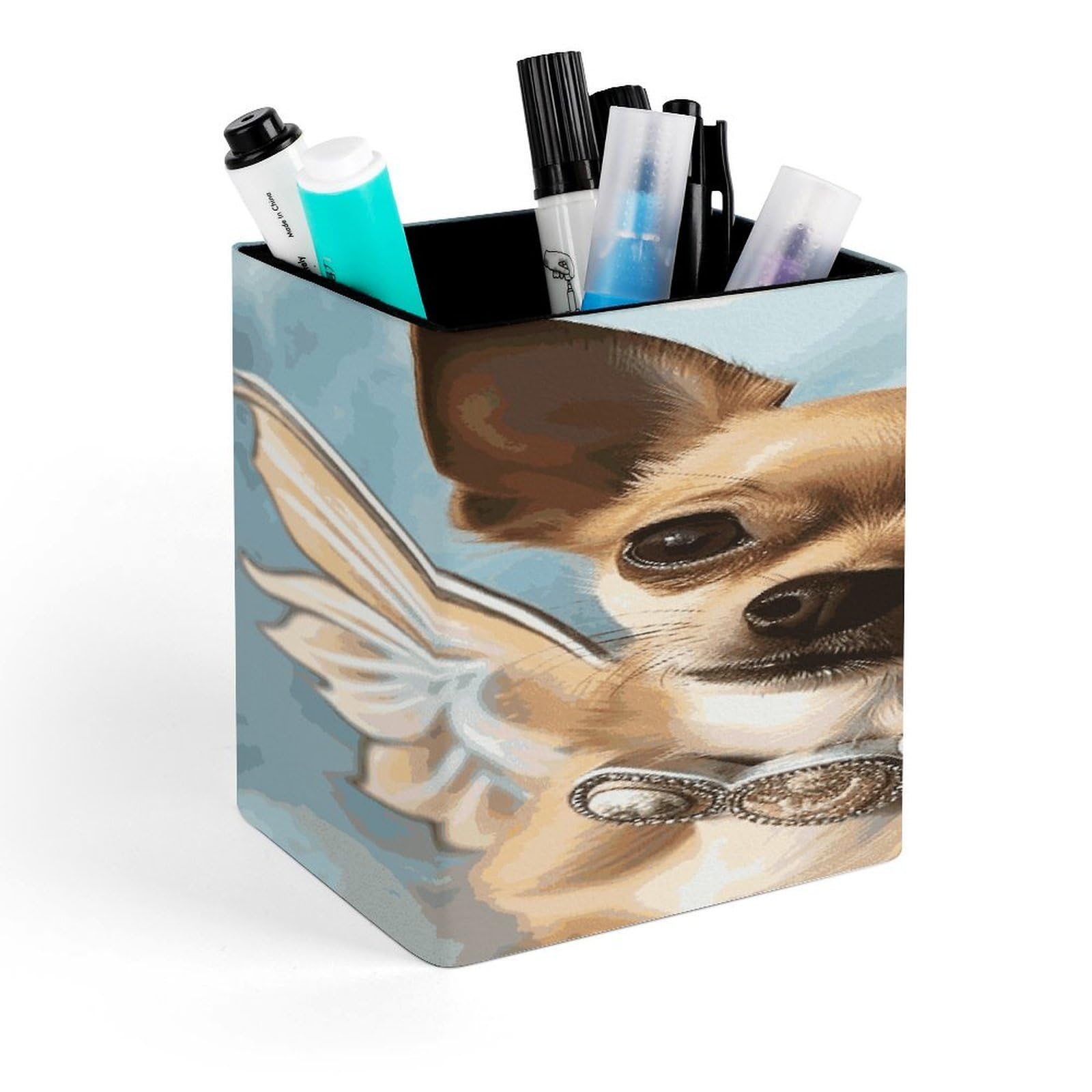 JTREHY Brown Chihuahua Angel Wings Pen Holder Square Pen Pencil Holder Makeup Brush Holders Cup PU Leather Pencil Cups Desktop Caddy Stationery Organizer Case Office Accessories Container Box