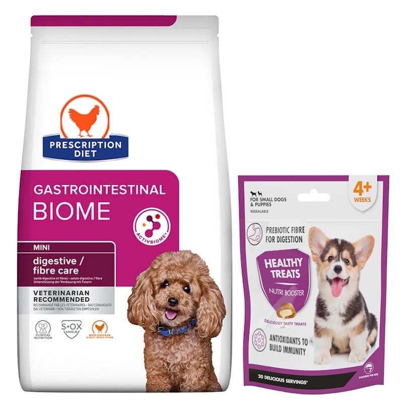 Diet Gastrointestinal Biome Mini Chicken Dry Dog Food with Digestive Issues & Sensitive Stomachs 1kg. and Healthy Nutri-Booster Source of prebiotic Fibre Treats 50g
