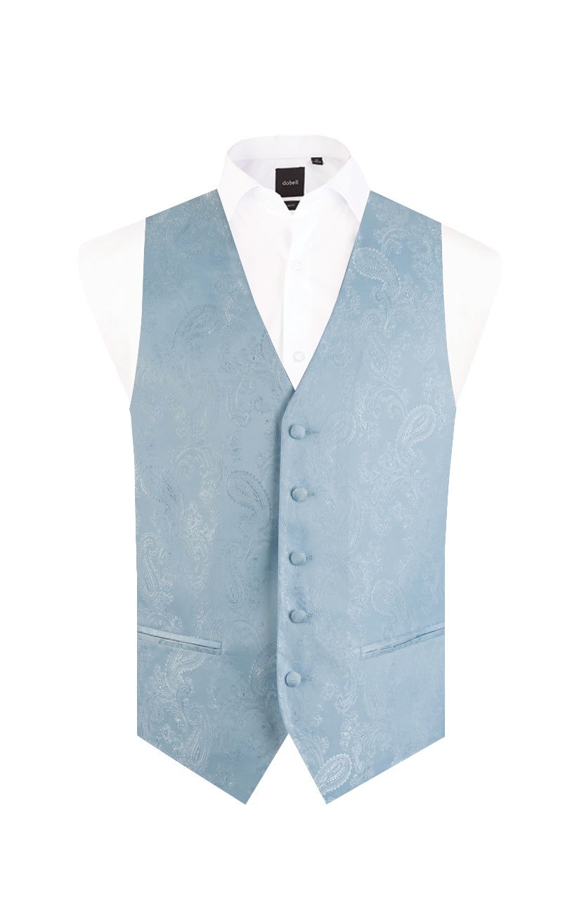 Dobell Men's Light Blue Paisley Waistcoat Regular Fit 5 Button Wedding-L (42-44In)