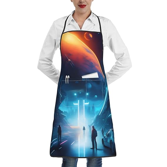 MYGANN Science Fiction Future Unisex Waterproof Stain Resistant Apron With Pockets For Kitchen Restaurant Hotel Barbecue, White, One Size