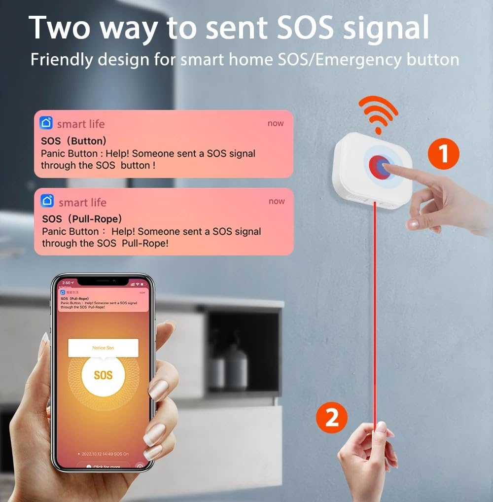 Wolf Guard TUYA Pulsante di emergenza SOS WiFi con cavo di trazione, per amico anziano disabile bambino, sistema di allarme sanitario Smartlife APP promemoria remoto (Stile coulisse (set di 3))