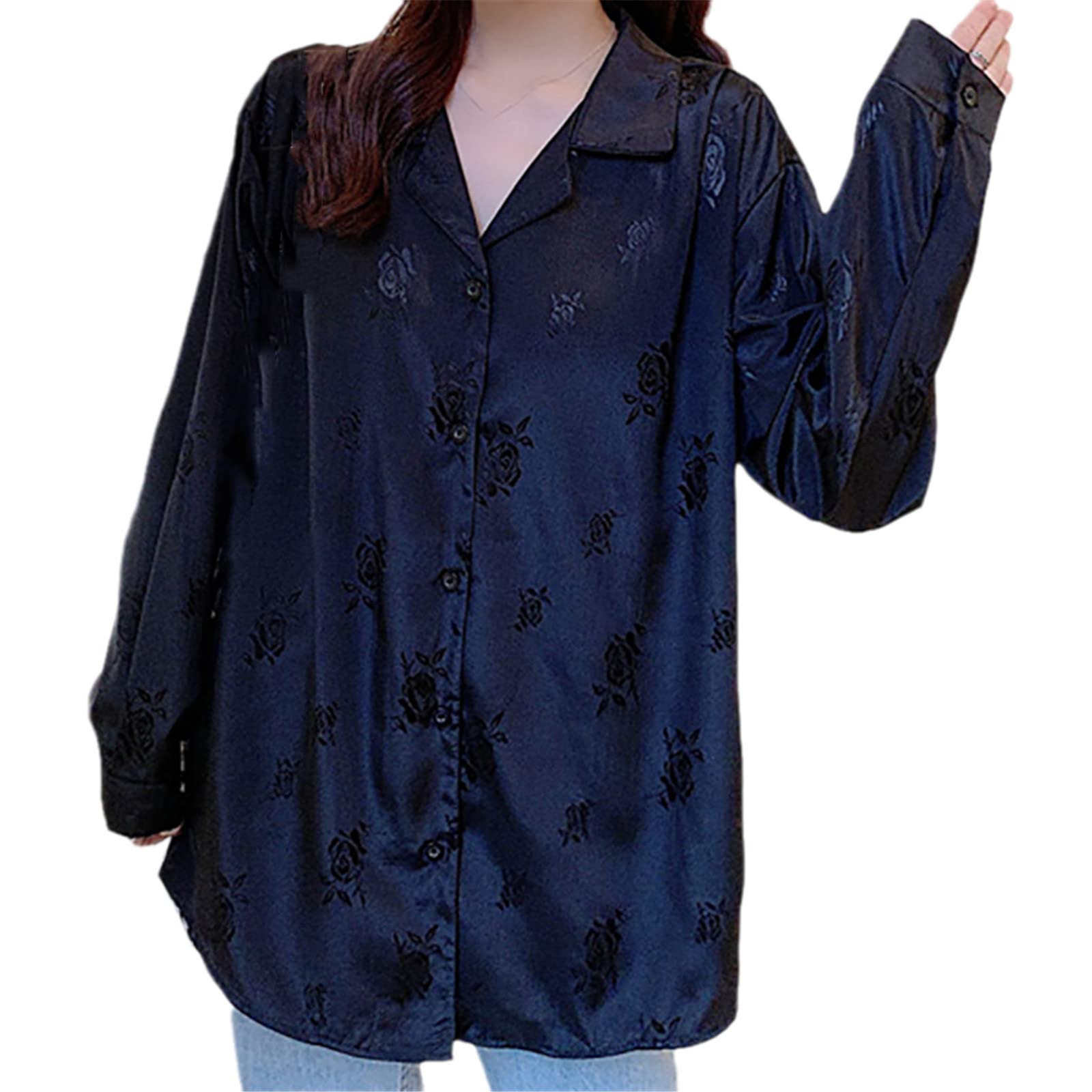 Chemisier vintage boutonné pour femme avec col rabattable à manches longues, Noir , M